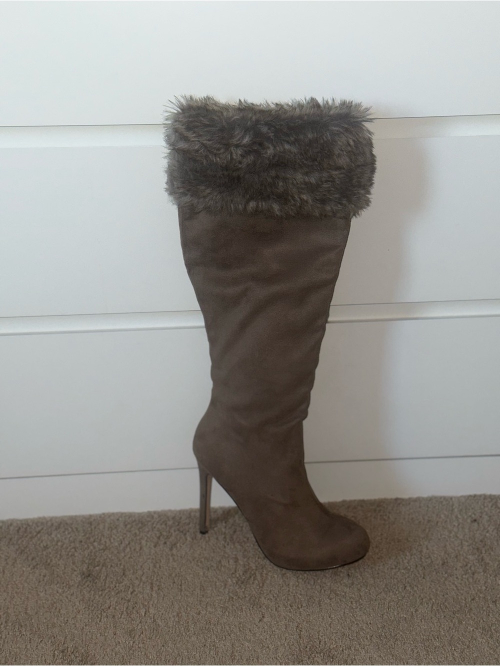 JustFab Taupe Faux-Fur Trim Knee-High Stiletto Boots